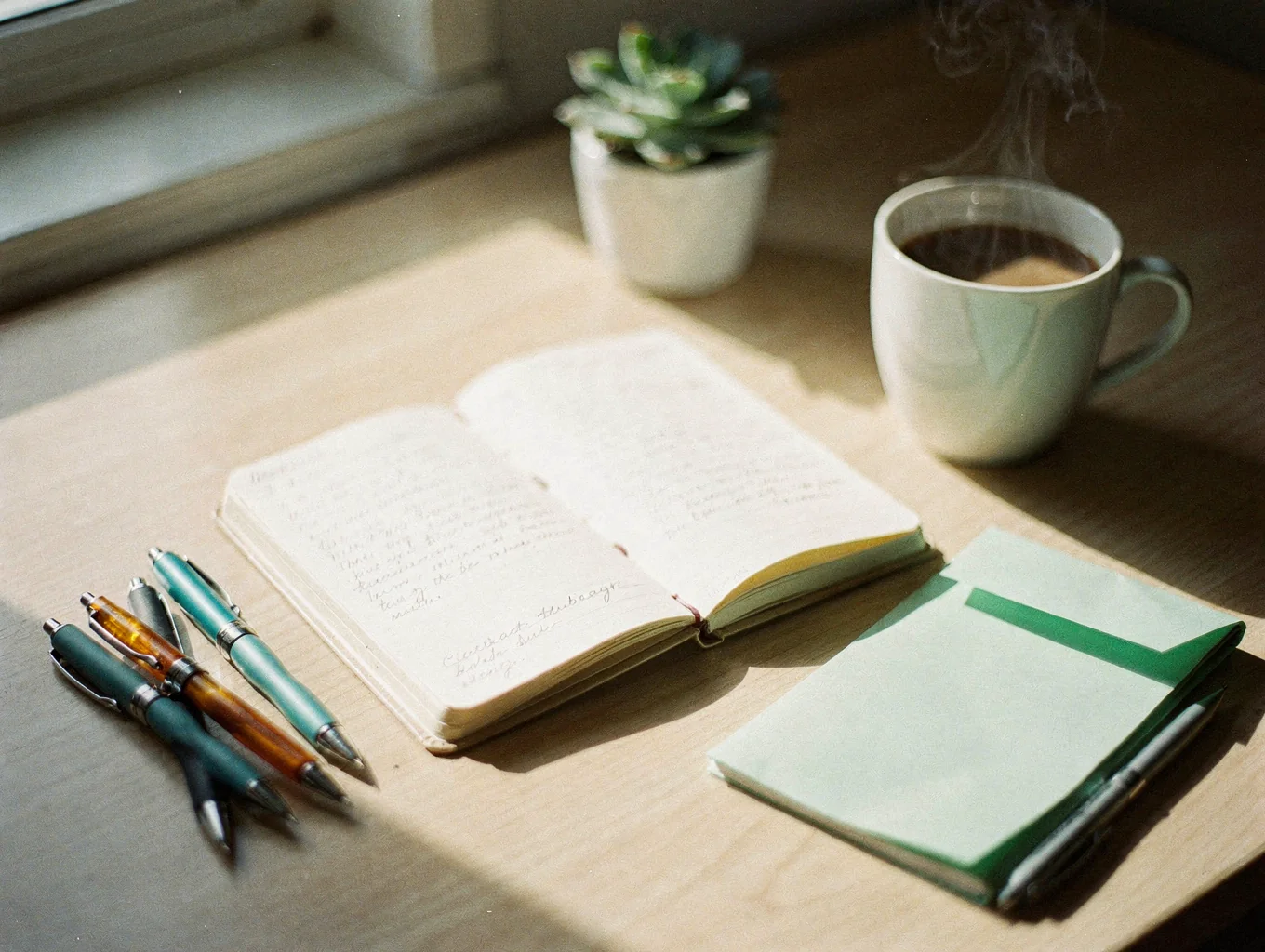 Open journal and ceramic cup on a wooden table in soft morning light
