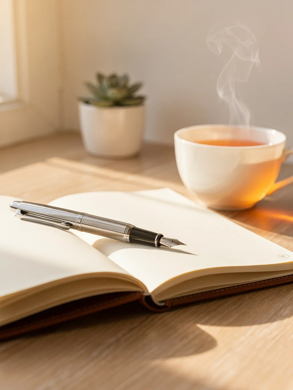 Open journal on warm stone table with soft morning natural light
